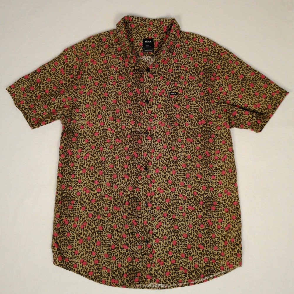RVCA Mens Large Leopard Print Pink Polka Dot Short Sleeve Button Down Shirt
